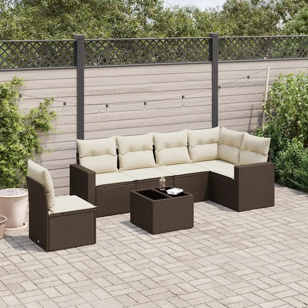 Set Divano da Giardino 7pz con Cuscini Marrone in Polyrattan