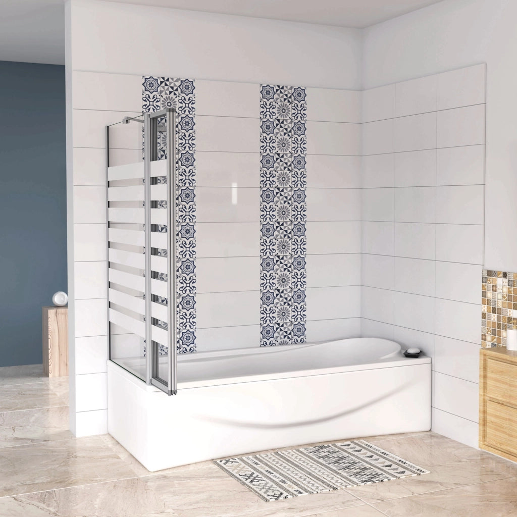 Sopravasca 130×140cm Vetro 4mm Temperato Bianco 3 Ante Pieghevoli a Libro con Lato Fisso 65x140 cm Profilo Argento Opaco Verso Sinistro