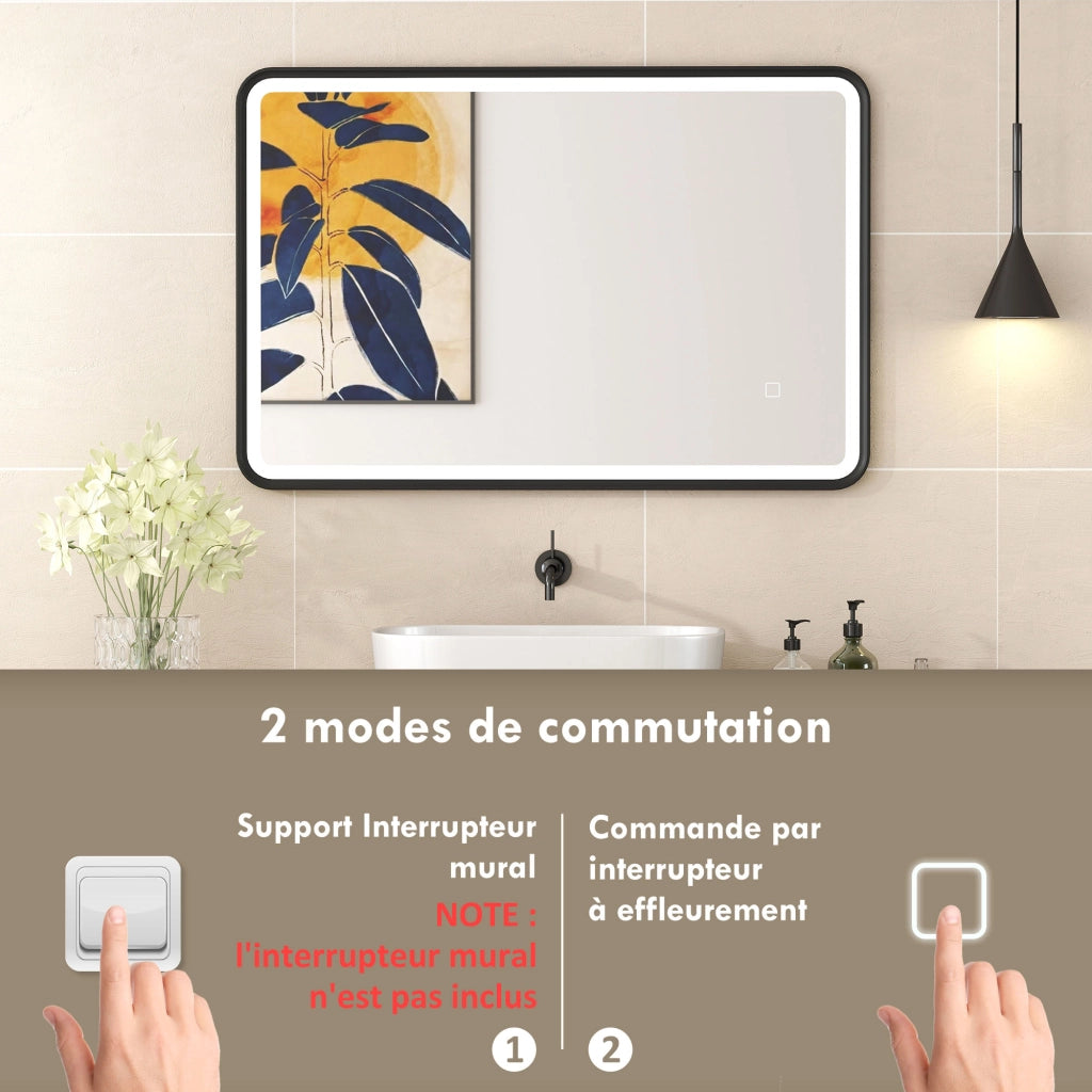Specchio bagno LED 90x60cm ¨C Xylo ¨C illuminazione parete anti-appannamento 3 colori dimmerabile nero