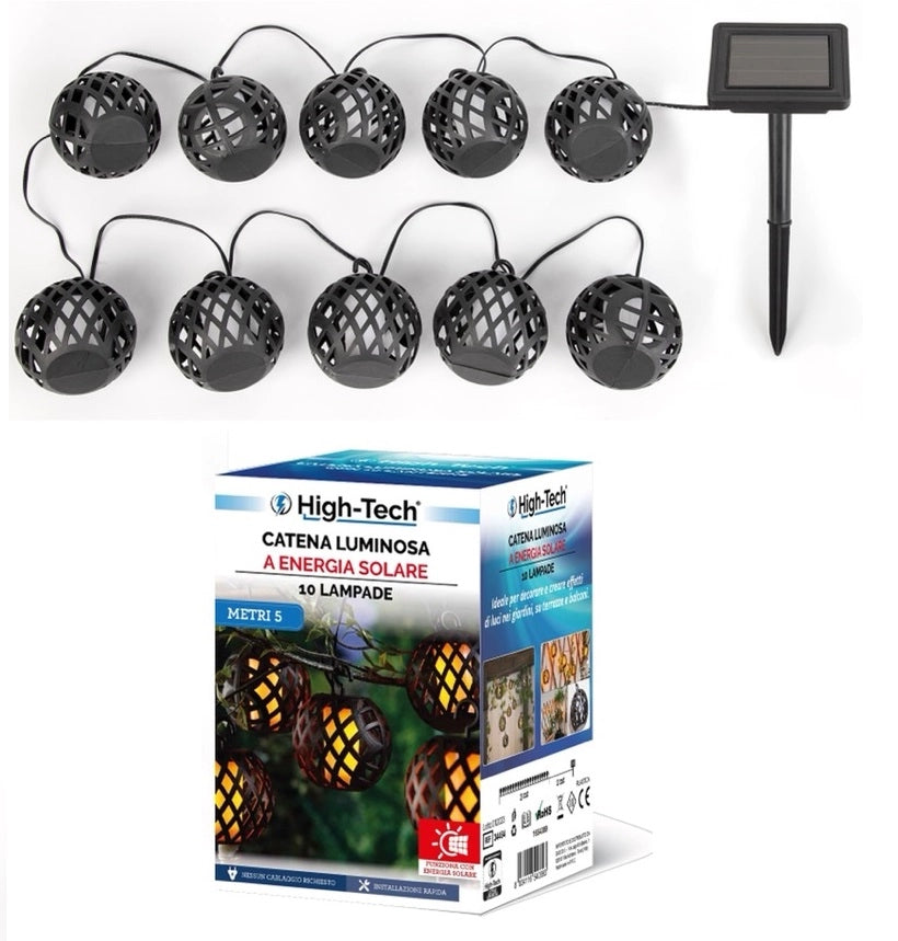 CATENA LUMINOSA A ENERGIA SOLARE CON 10 LANTERNE X 8 MT IN COLORAZIONE NERA