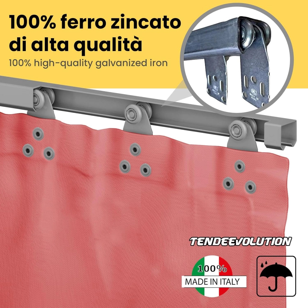 Binario Monorotaia MR3 in Ferro Zincato, Lunghezza 350cm con 8 Scorrevoli Inclusi - Ideale per Teli PVC, Tettoie, Gazebi, Pergole, Capanni