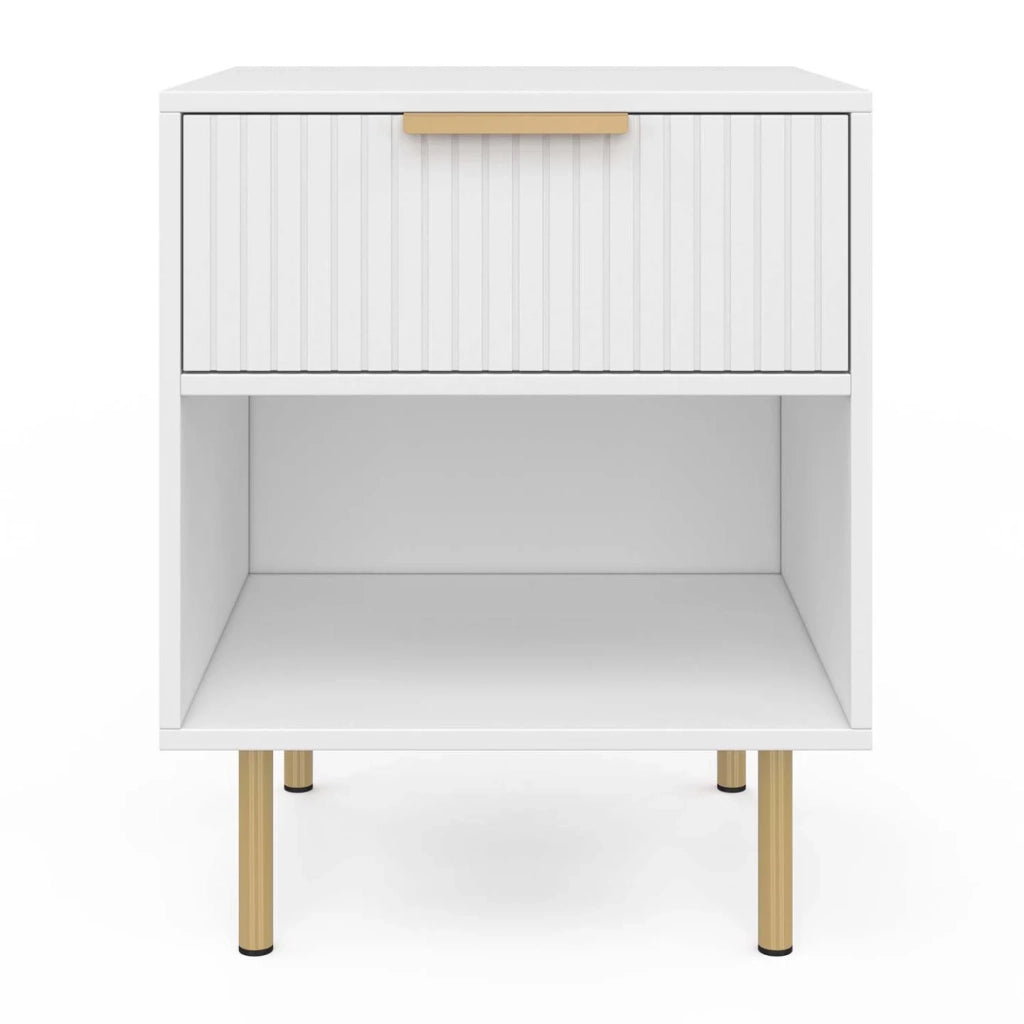 IDMarket - Set di 2 comodini a 1 cassetto MARCEL con doghe in legno bianco e oro