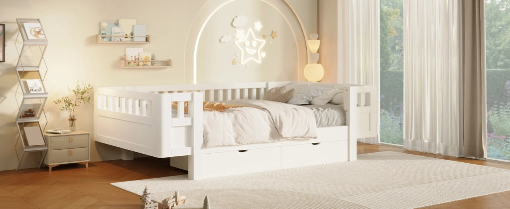 DESMIU Letto per bambini 90 × 200 cm con 2 cassetti e barriera di sicurezza, senza materasso, in legno massello, bianco