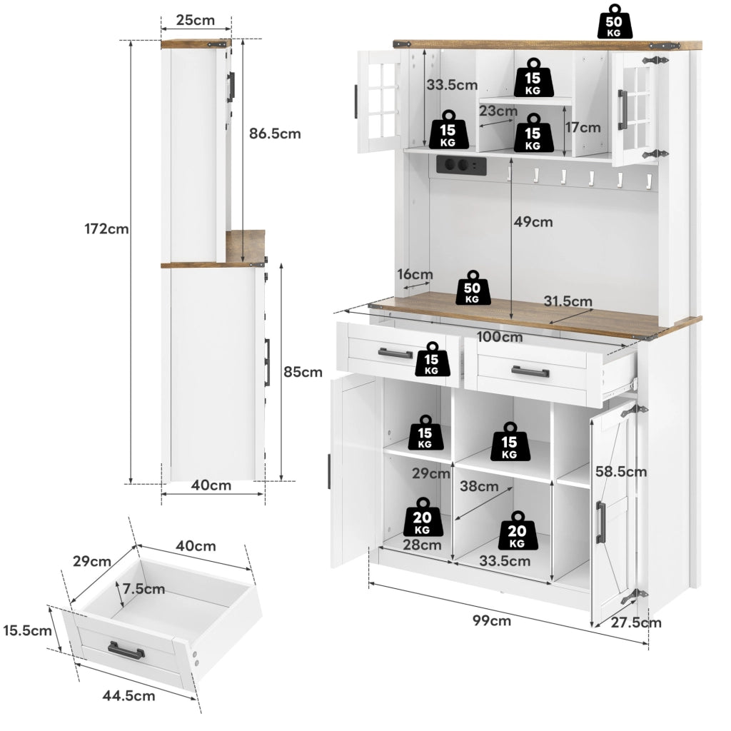 Credenza bar con LED e prese; in MDF; marrone e bianco