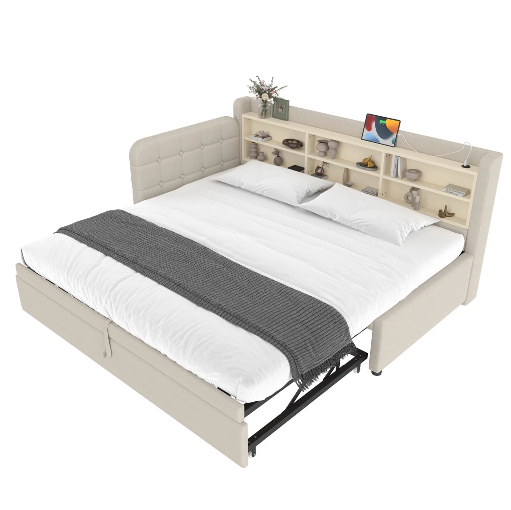 Letto 90x200 cm estraibile con USB e Tipo C; lino beige