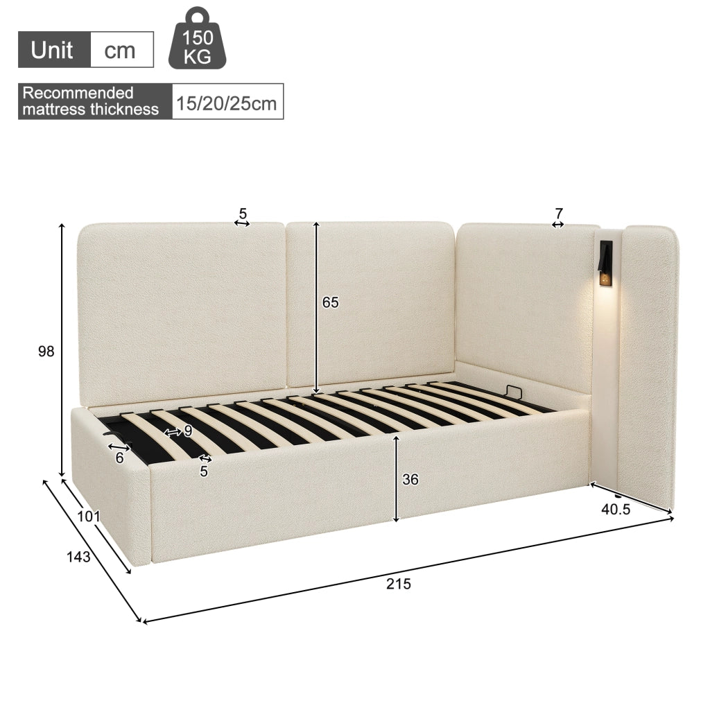 LETTO Contenitore idraulico 90x200 cm Beige Bouclé con lampada e USB