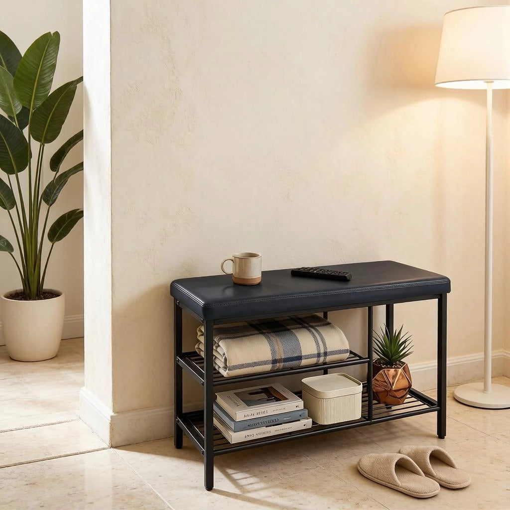 Scarpiera con seduta a 3 scomparti aperti con piedini regolabili in similpelle e metallo nero 80 × 30 × 50 cm