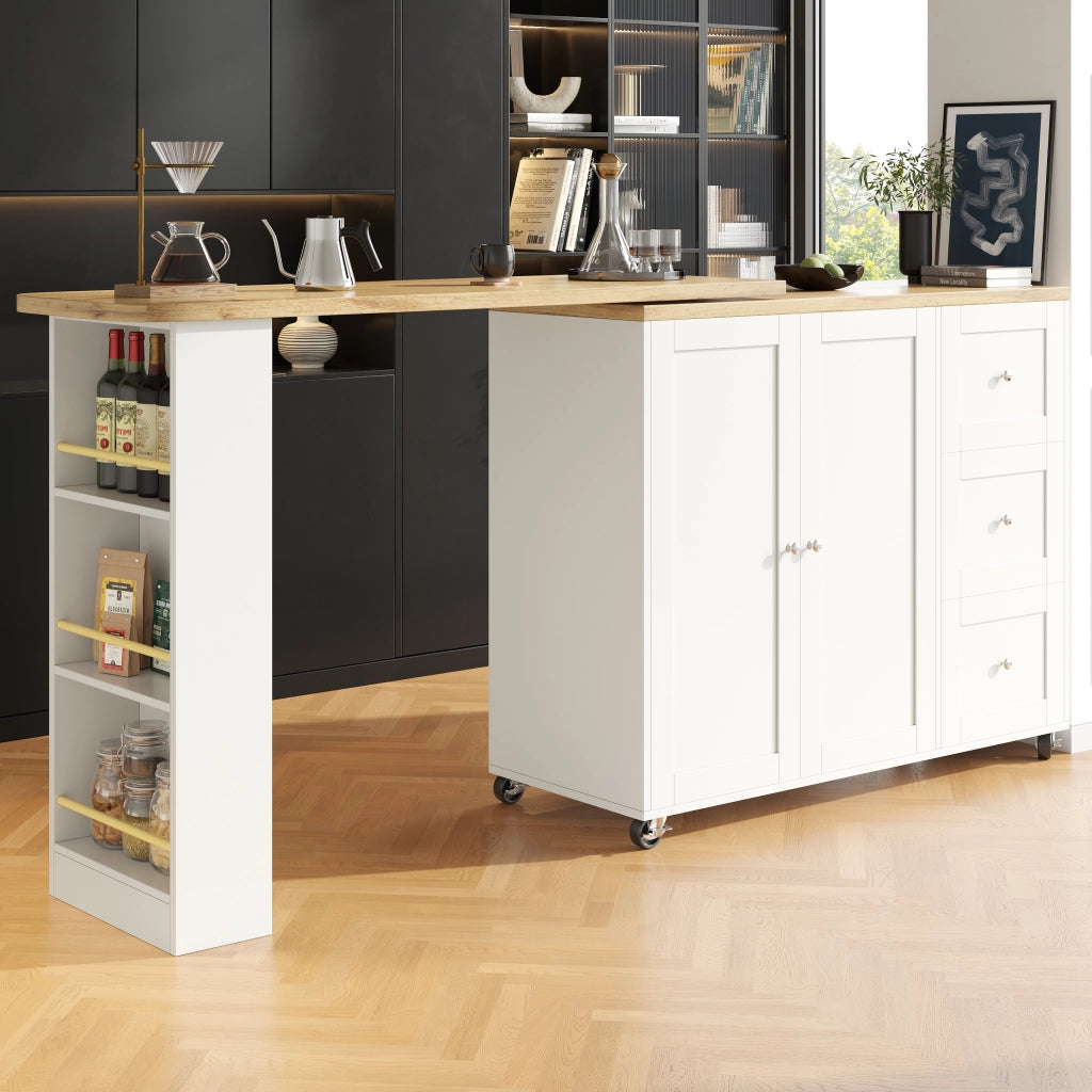 Tavolo rotante multifunzionale - Zephmum - 135-203x39x106 cm - Bianco - 3 cassetti e portasnack