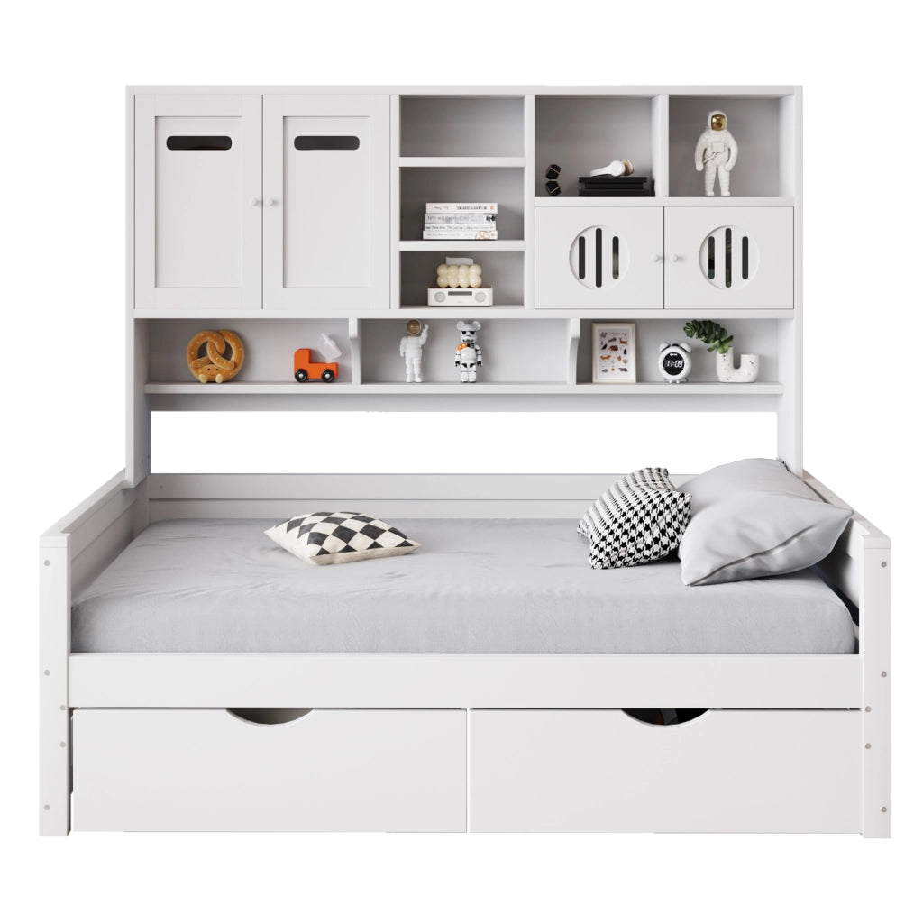 Letto multifunzione 90 x 200 cm in legno con ampio spazio contenitivo, 2 cassetti grandi, struttura bianca, senza materasso