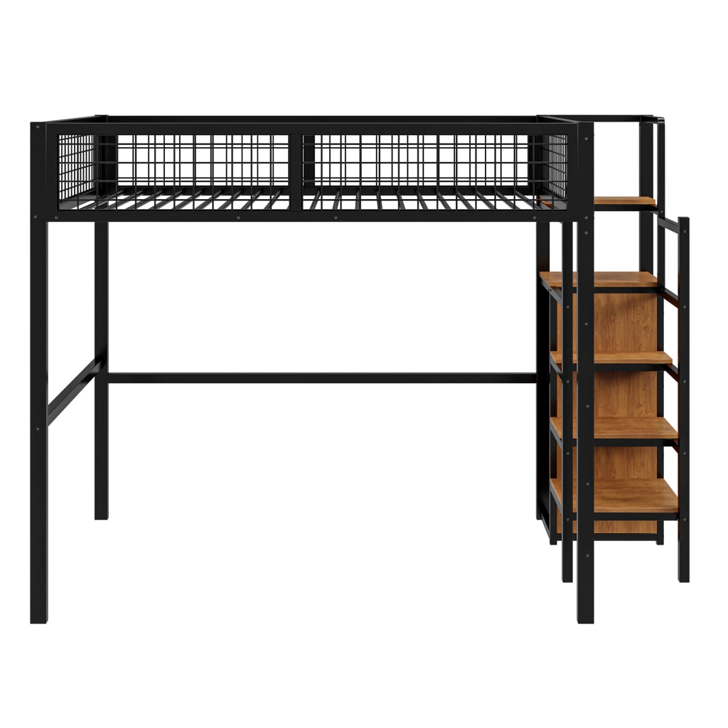 LETTO a soppalco 140x200 cm in metallo nero con scala e armadio