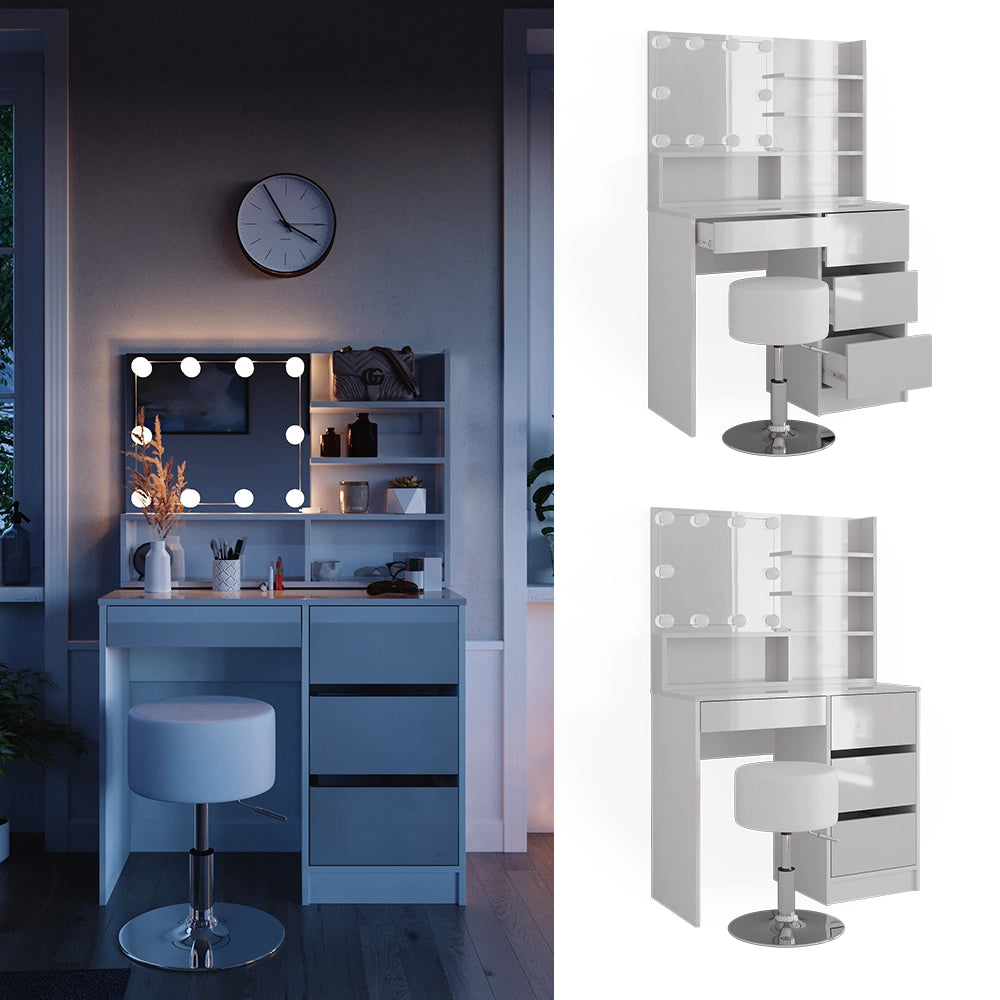 Vicco Tavolo da toeletta Bianco 90 cm con illuminazione a LED, sgabello e ripiano a specchio