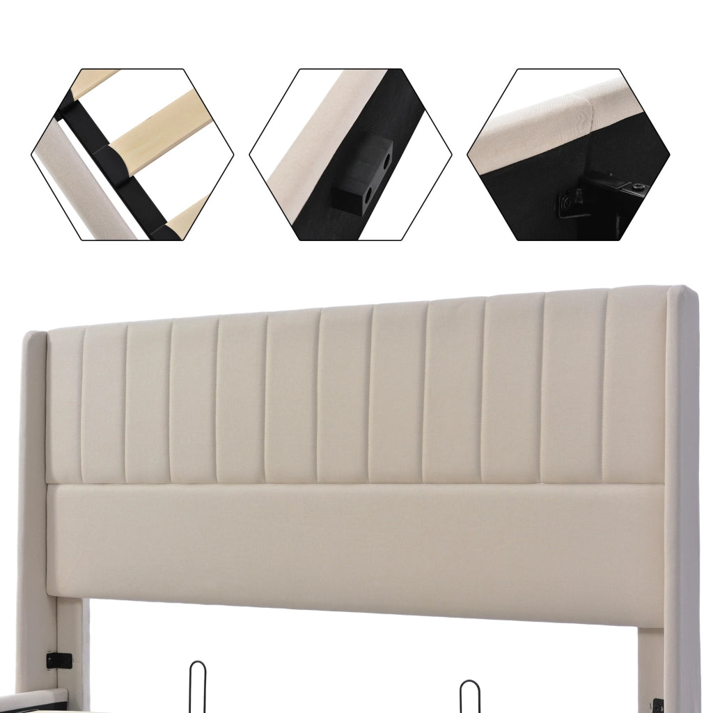Letto Contenitore Letto Matrimoniale 180x200 cm; con Testiera Imbottita; in Lino; Beige