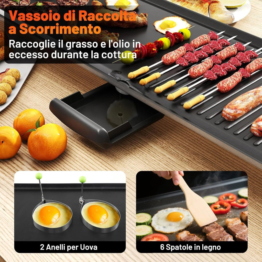 1800W Griglia Elettrica, Griglia Antiaderente da Banco con Temperatura Regolabile, Termostati e Vassoio di Sgocciolamento, per Interni e per Esterni (100 x 22 cm)