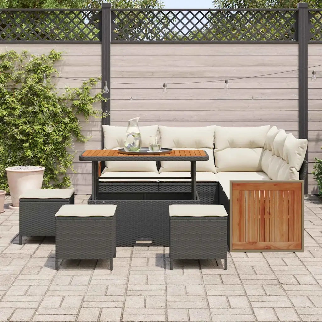Set Divano da Giardino 9 pcs Nero e Crema polyrattan
