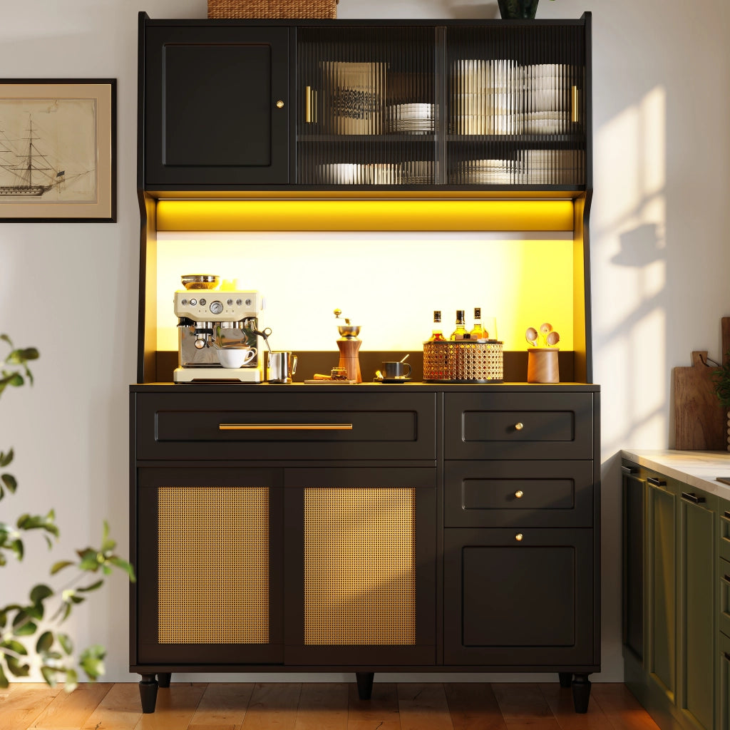 Credenza alta con LED, 3 cassetti e ripiani regolabili 120x45x195,5 cm nera