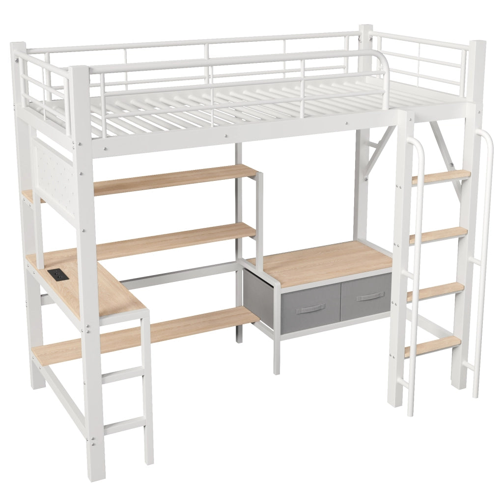 Letto a soppalco 90 × 200 cm 1 posto con scrivania; 2 cassetti; LED; USB e ripiani; senza materasso; bianco