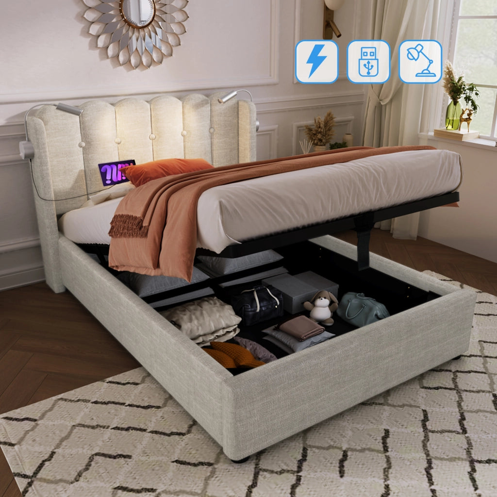 letto imbottito lino beige 90 x 200 cm