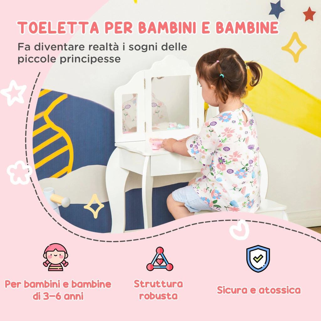Tavolo da trucco bambini con sgabello e specchio ¨C Minimal ¨C Legno e acrilico bianco 63x40x85.5