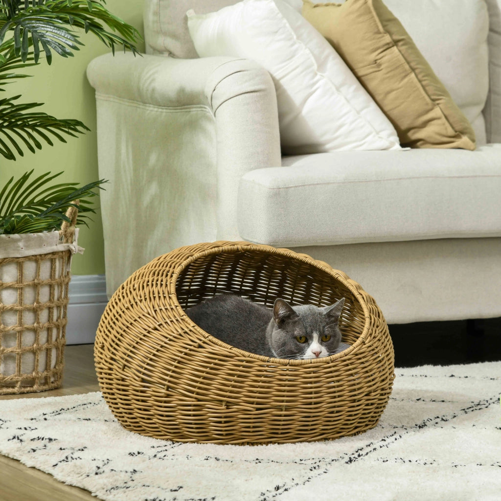 Cuccia per gatti con cuscino lavabile ¨C Xylo ¨C rattan sintetico beige chiaro ?50x31cm