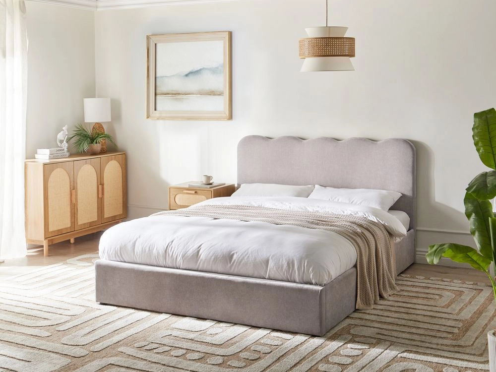 Letto in tessuto di ciniglia imbottito color tortora 160 x 200 cm contenitore elevabile con testiera e rete a doghe