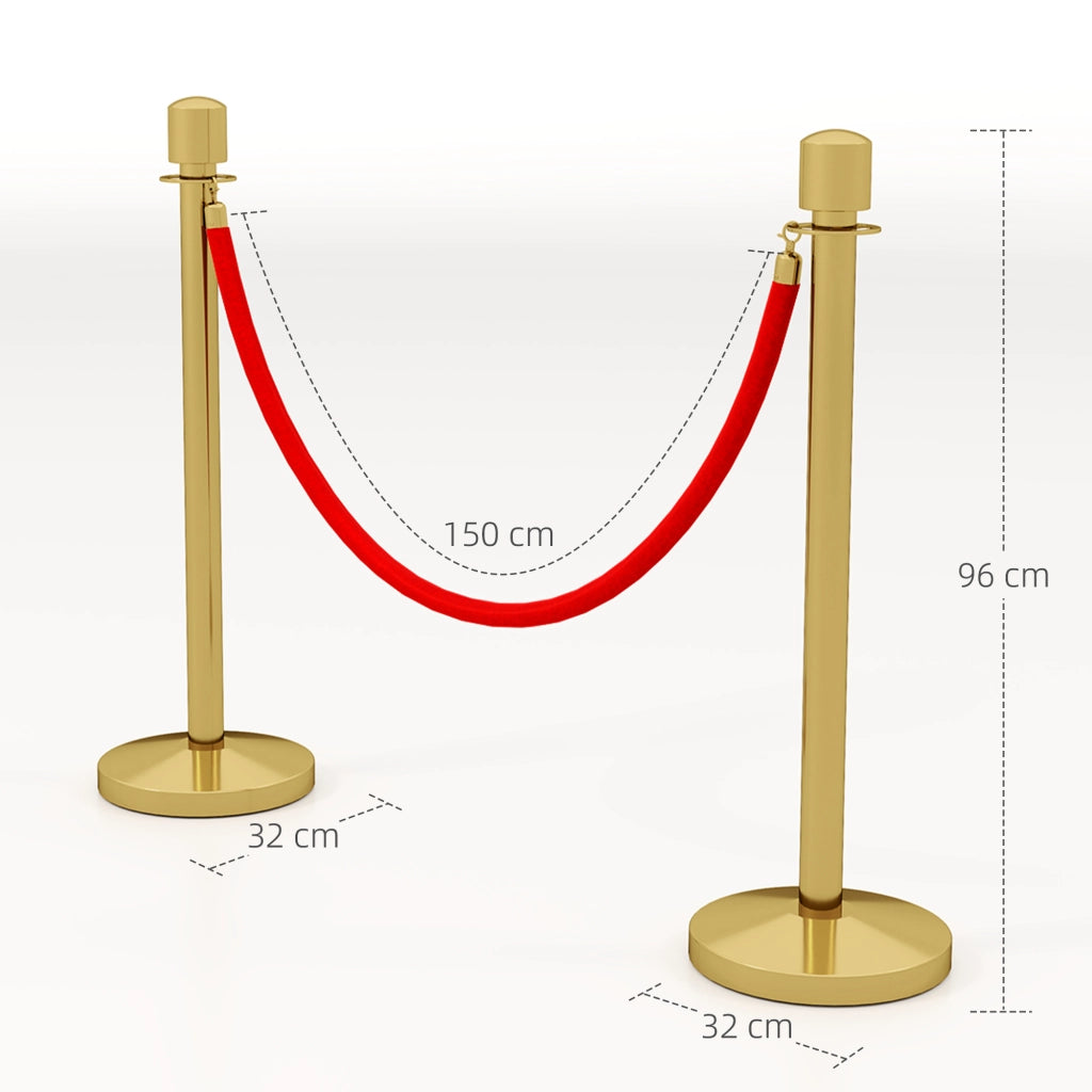 Coppia di Paletti Divisori in Acciaio Inox con Corda in Velluto Rossa 1,5m ¨C Xylo ¨C Base Riempibile Dorata