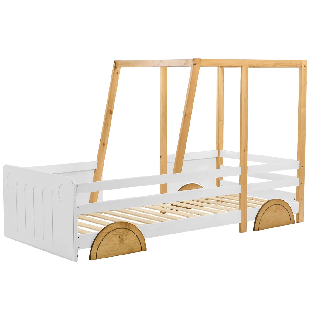 DESMIU Letto per bambini 1 posto con sponde, forma auto e struttura superiore, 90 × 200 cm, senza materasso, bianco