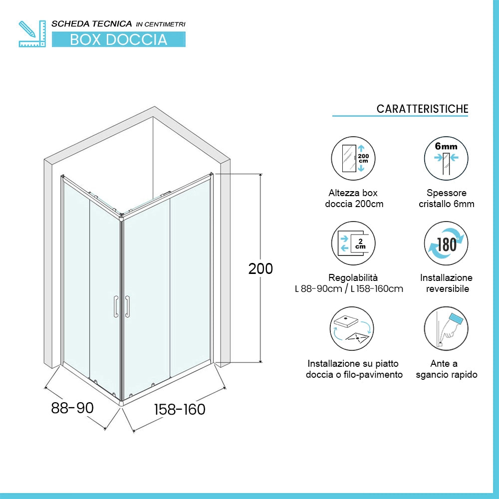 Box doccia angolare 90x160 con doppia porta scorrevole in vetro trasparente Ted