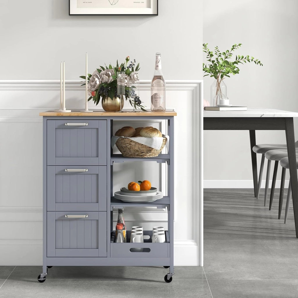 Carrello da Cucina con Ruote, Credenza Cucina con 4 Ripiani e 3 Cassetti, in Legno, Ideale per Cucina Ristorante e Bar, 67 x 37 x 83,5 cm (Grigio)