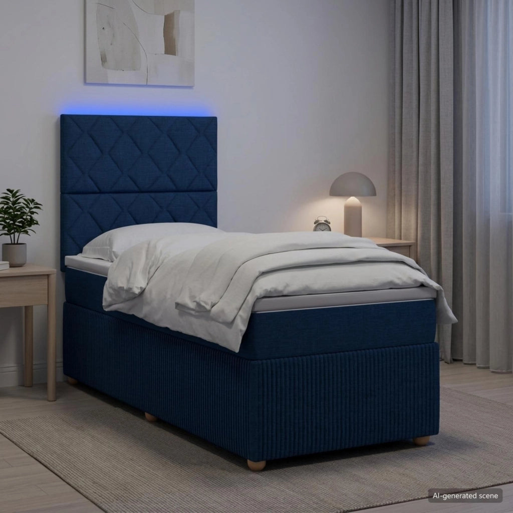 Letto Box Spring LED con Materasso Blu 90 x 200 cm Tessuto 3455782