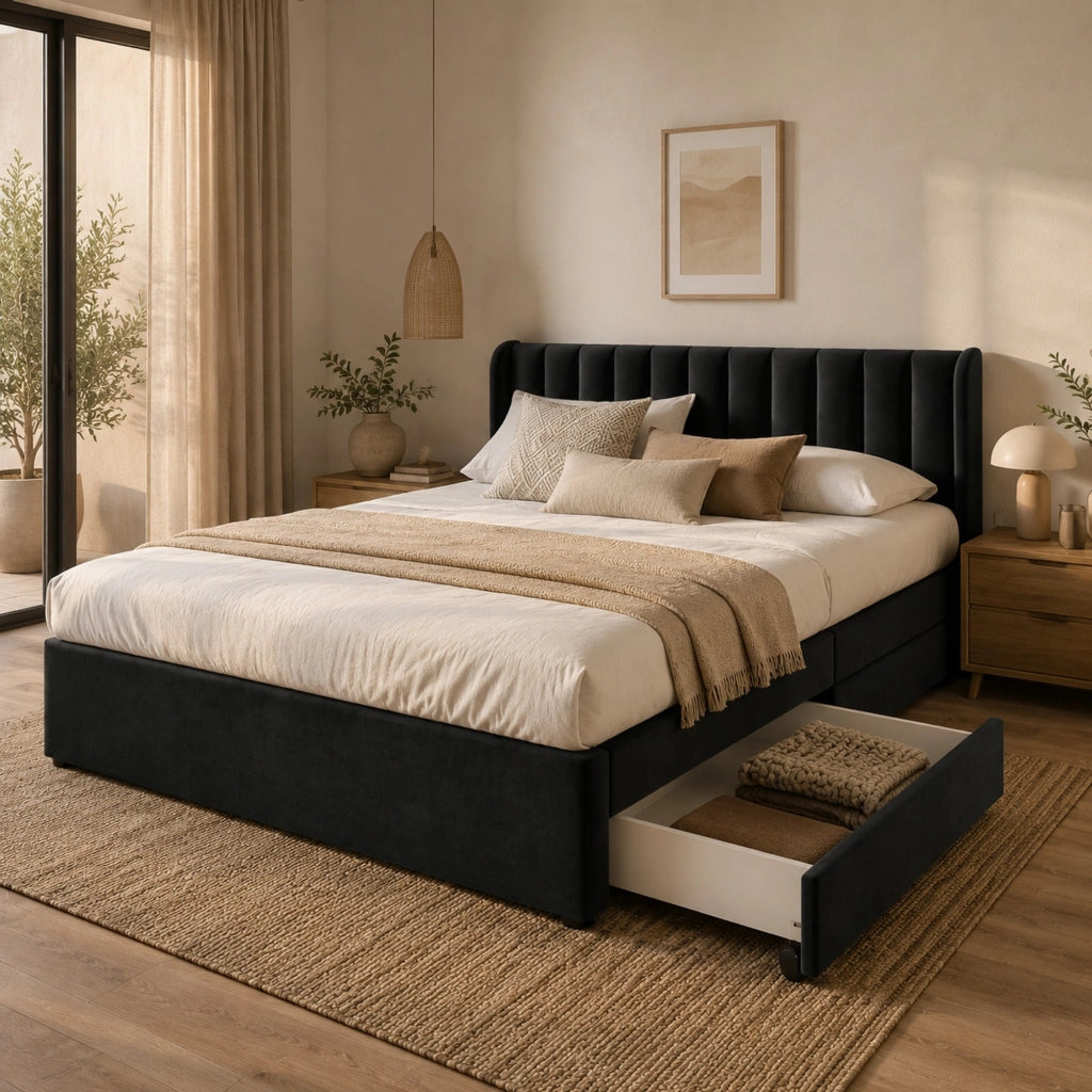 LETTO 180x200 cm in velluto nero con rete a doghe e 2 cassetti