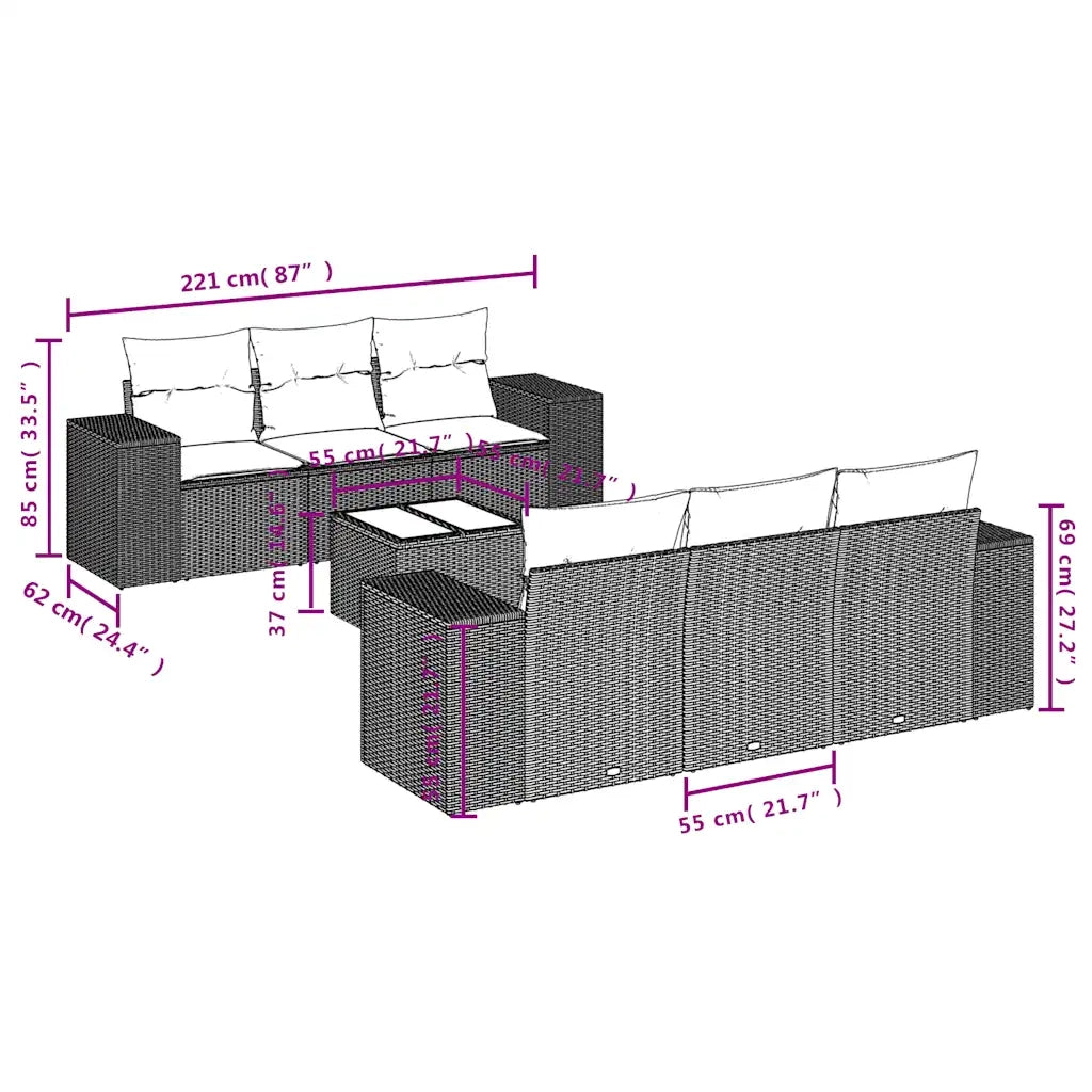 Set Divani da Giardino 7 pz con Cuscini Marrone in Polyrattan 3222312