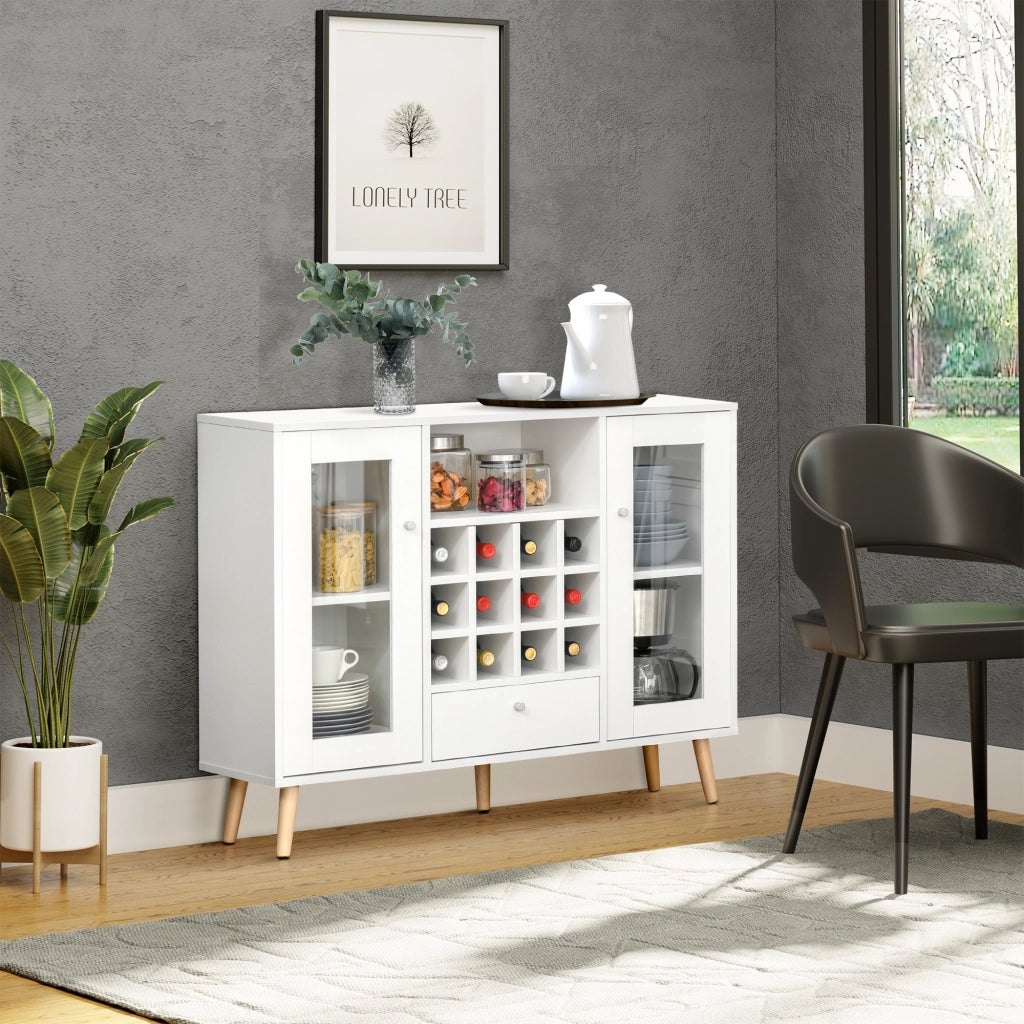 Credenza da cucina con portabottiglie cassetto ripiano e 2 ante in vetro ¨C Xylo ¨C Bianco 100x33x80 cm