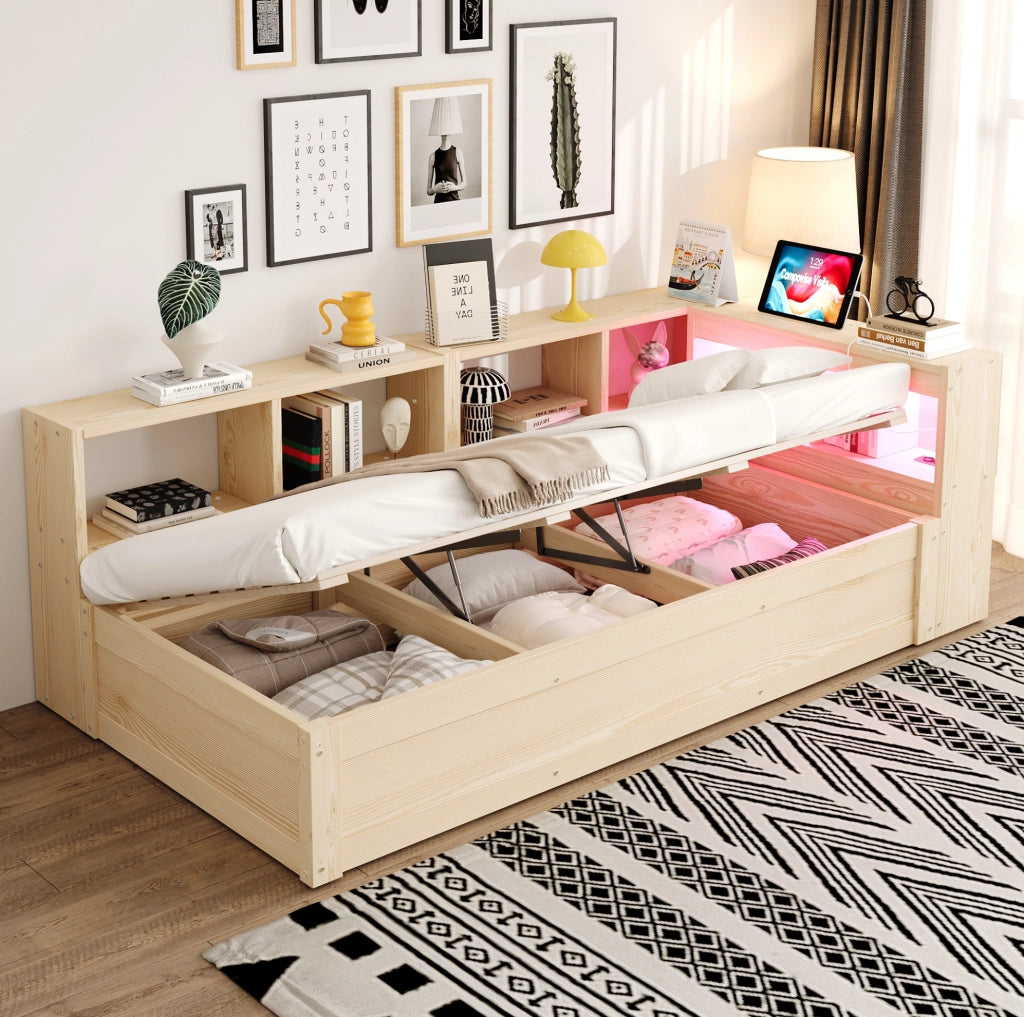 Letto multifunzione 90x200 cm con LED, presa integrata e vani contenitore