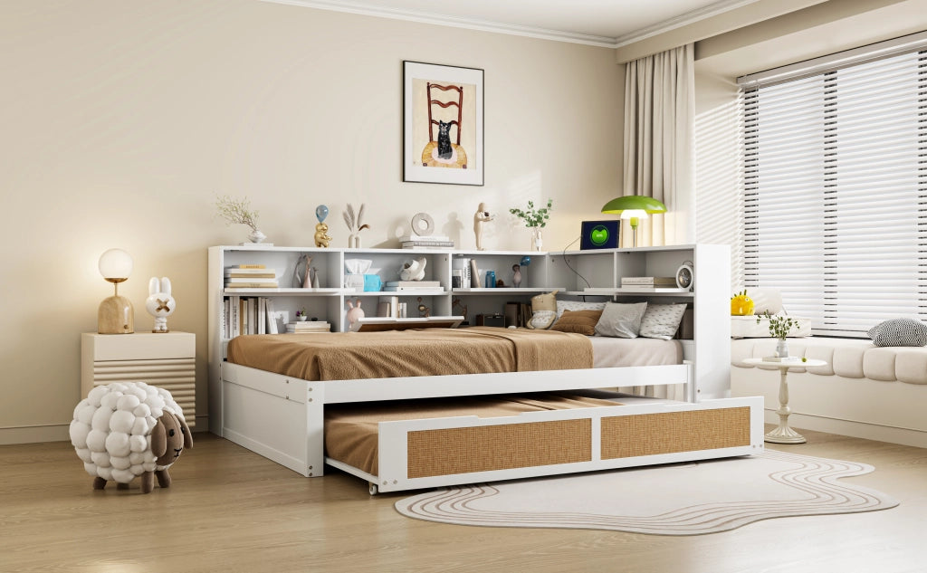 DESMIU Divano Letto 140 × 200 cm con Letto Estraibile 90 × 190 cm, prese USB, senza materasso, in legno, bianco