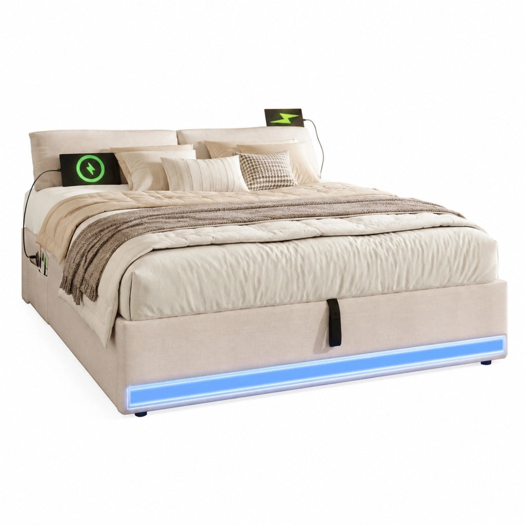 Letto imbottito 140x200 cm con LED, USB e porta Type-C, contenitore idraulico e tasche laterali