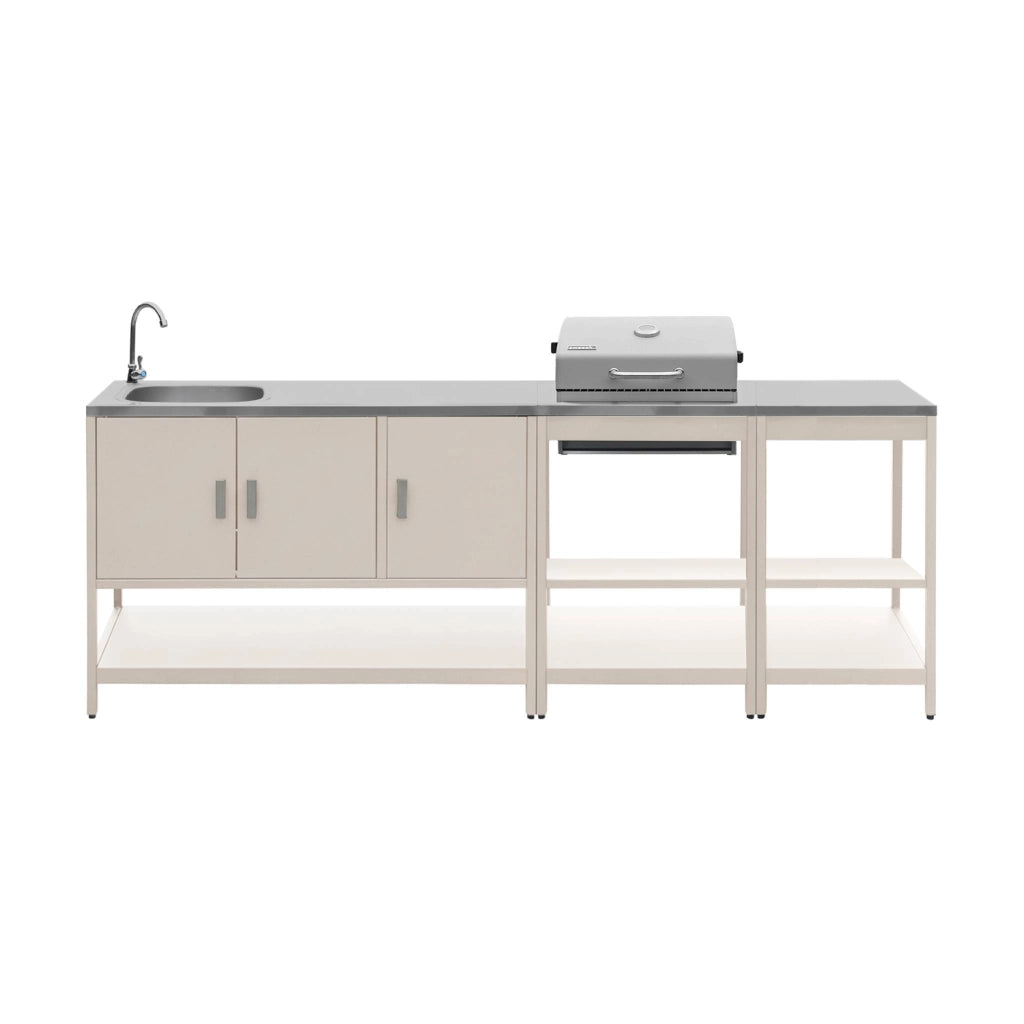 Cucina da esterno, 3 moduli e barbecue a carbone, beige