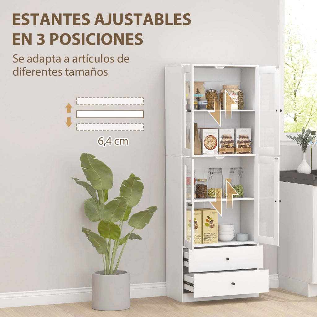 Mobile cucina con ante vetro ¨C Xylo ¨C 4 porte 2 cassetti ripiani regolabili bianco 59x30x170cm