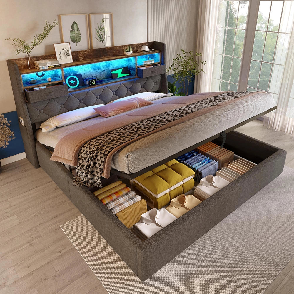 Letto Matrimoniale 140x200cm - Xylo - Testiera LED Idraulica con 4 Porte Ricarica, Tessuto Lino Grigio