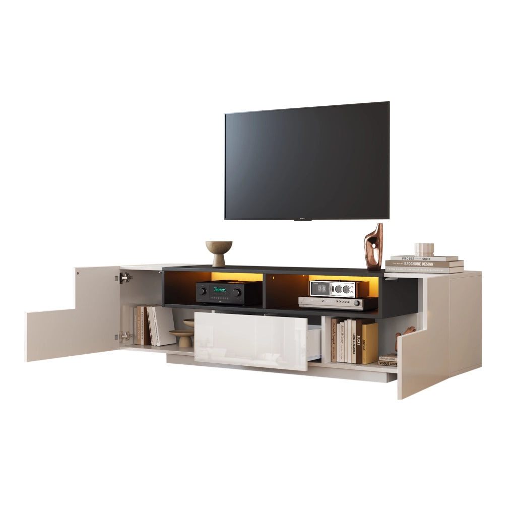 Mobile TV con LED e Cassetti ¨C MINIMAL ¨C Bianco Lucido/Nero, 180x40x48 cm