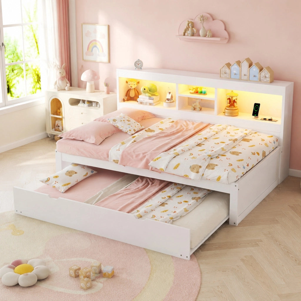 Divano letto multifunzione 90x200 cm con luce ambiente, vano laterale e letto estraibile