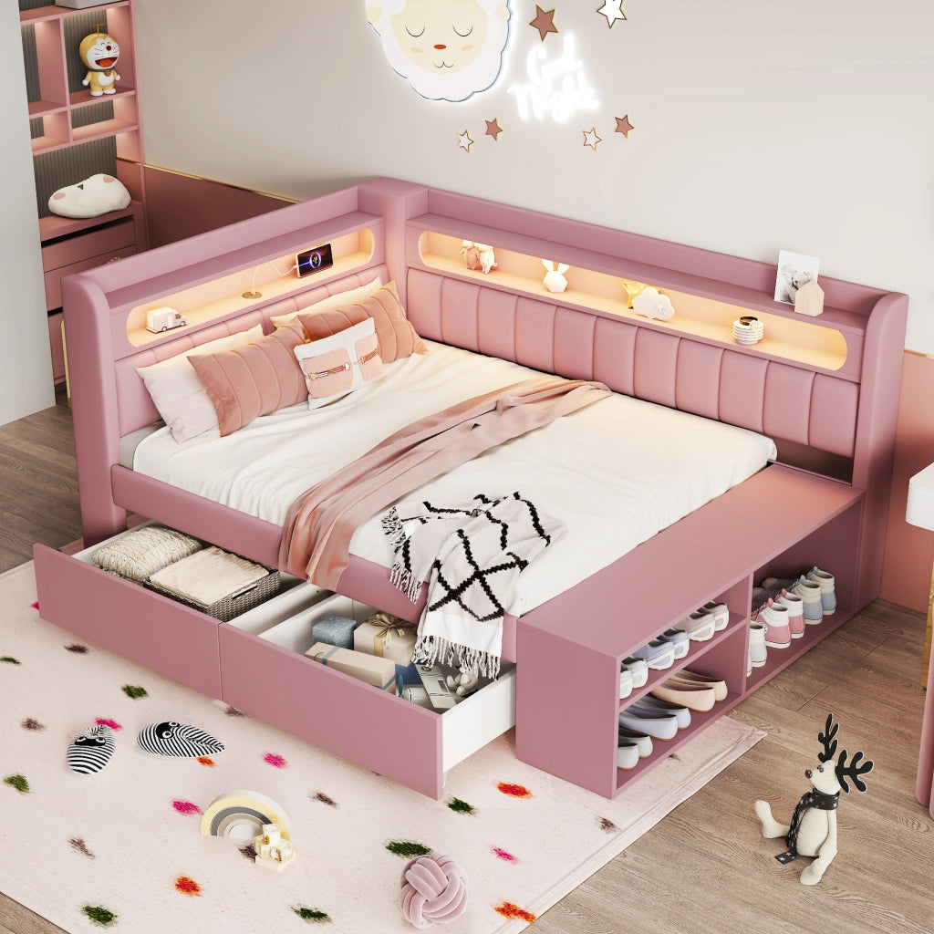Divano Letto con LED, USB, Contenitore e Cassetti ¨C MINIMAL ¨C Rosa 90x200