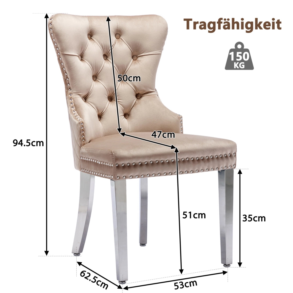 Sedia da pranzo in velluto beige con telaio in legno massiccio; gambe in metallo e schienale con fibbia quadrata