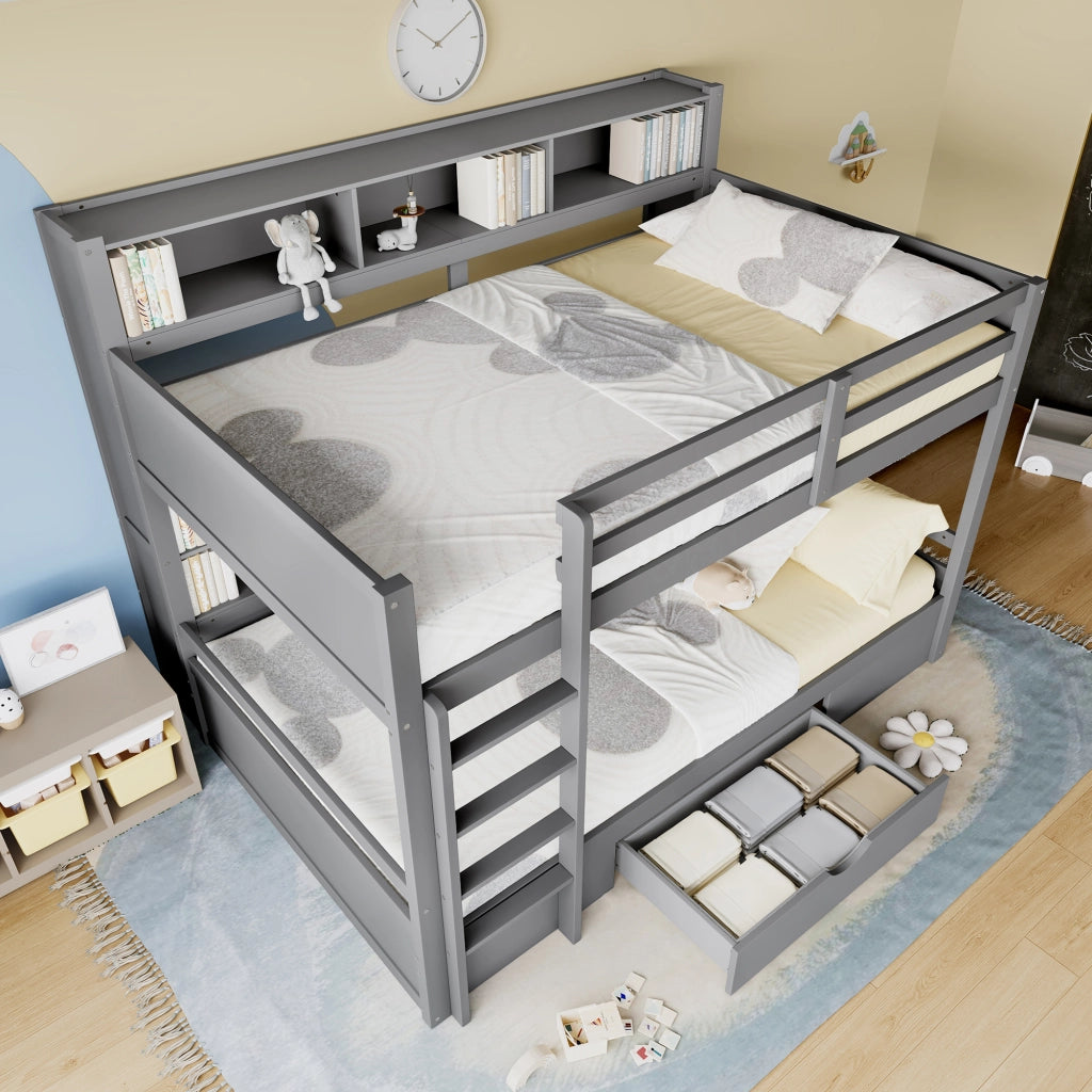 Letto a castello 90×200 cm; 3 posti con cassetto; vani portaoggetti; senza materasso; in pino grigio