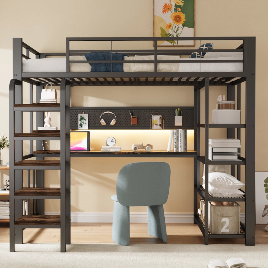 DESMIU Letto a soppalco 90 × 200 cm 1 piazza con scrivania, LED, prese e ripiani, senza materasso, in metallo, nero