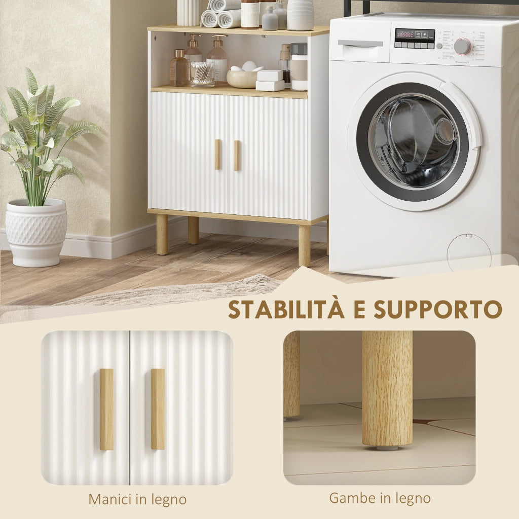 Mobile Bagno Autoportante con Ripiano Regolabile, Bianco e Legno Naturale