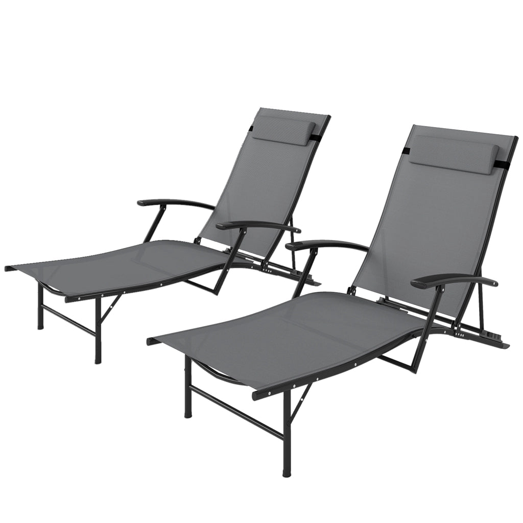 Set 2 Sdraio da Giardino Pieghevoli con Schienale Regolabile su 4 Livelli e Cuscino, Grigio