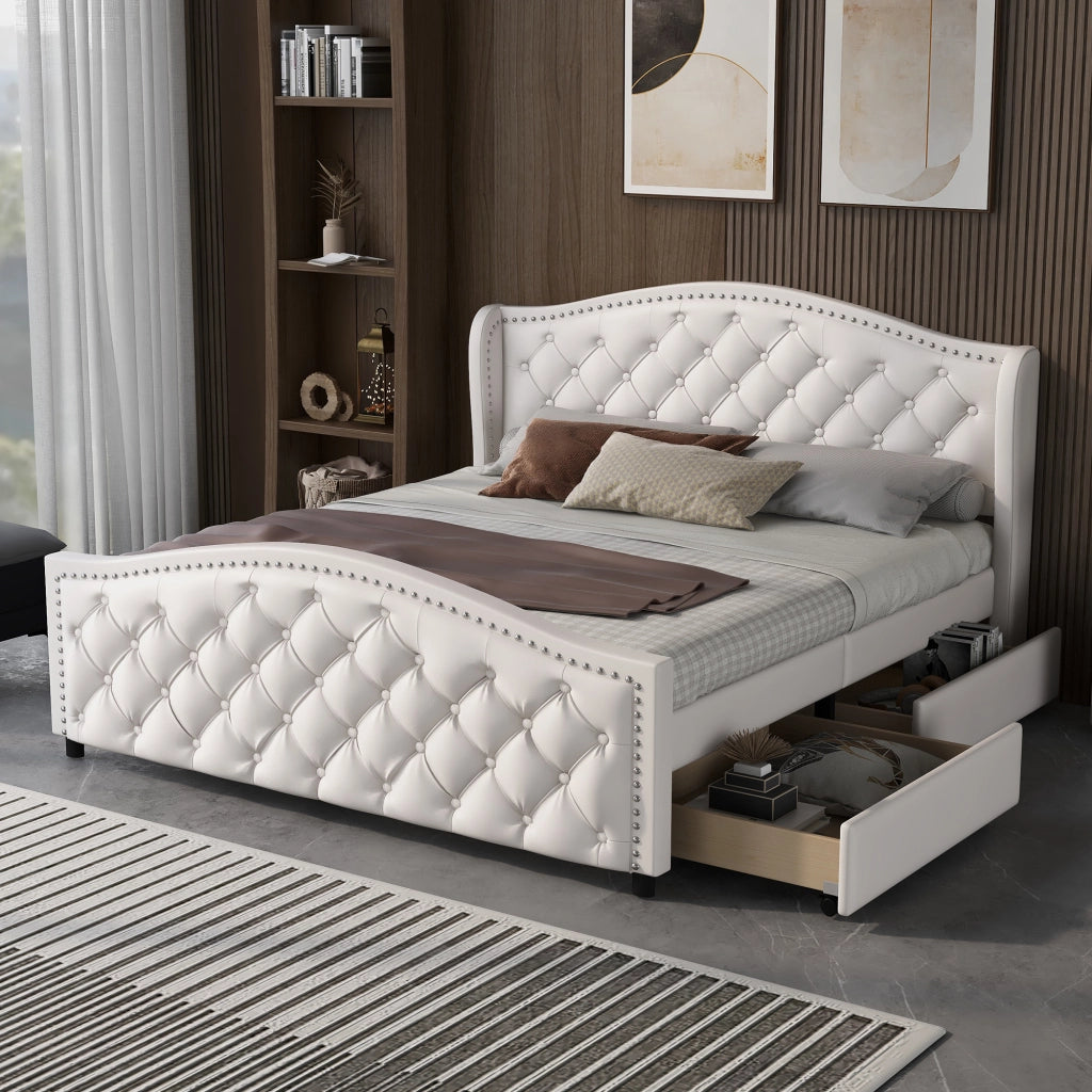 LETTO Imbottito Chesterfield 160x200 cm Bianco PU con 2 cassetti