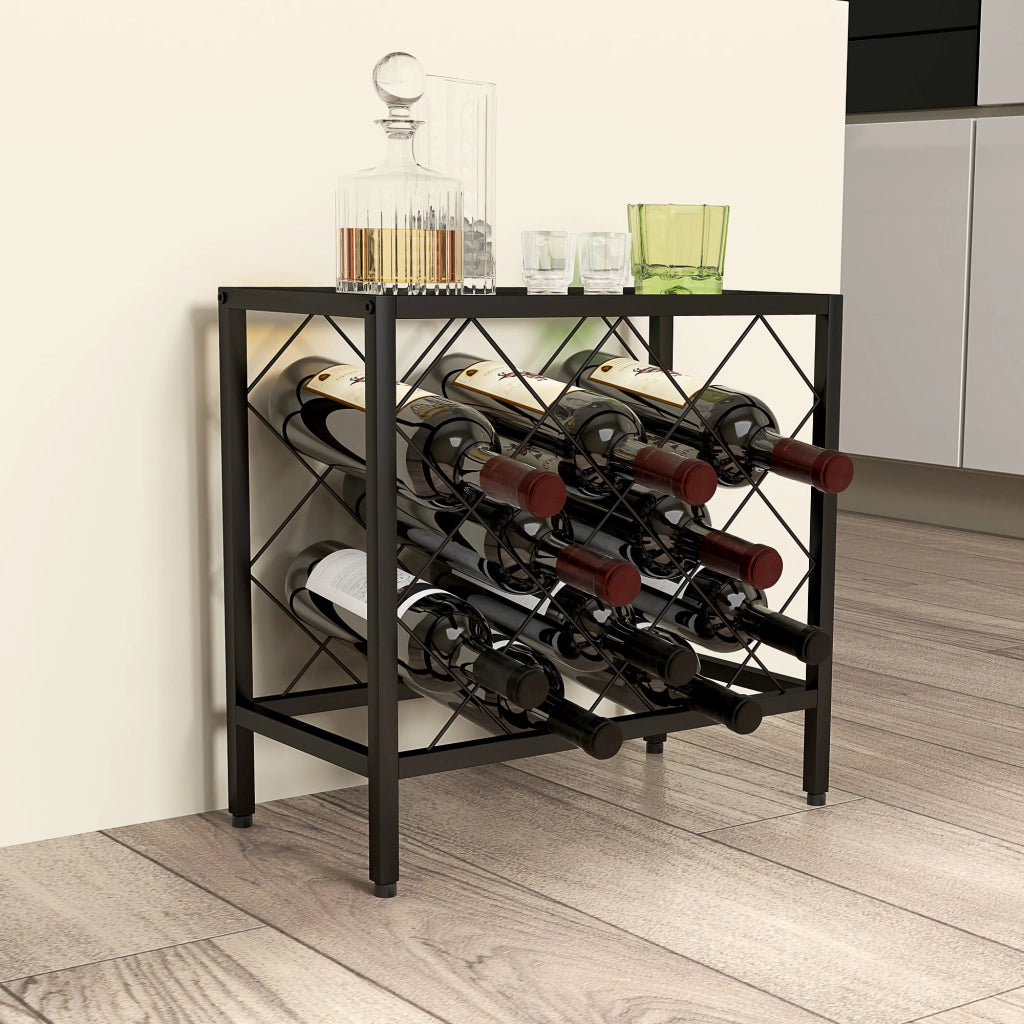 Portabottiglie Vini per 10 Bottiglie in Acciaio Nero con Piano d'Appoggio in Vetro Temperato, 41x22x41 cm