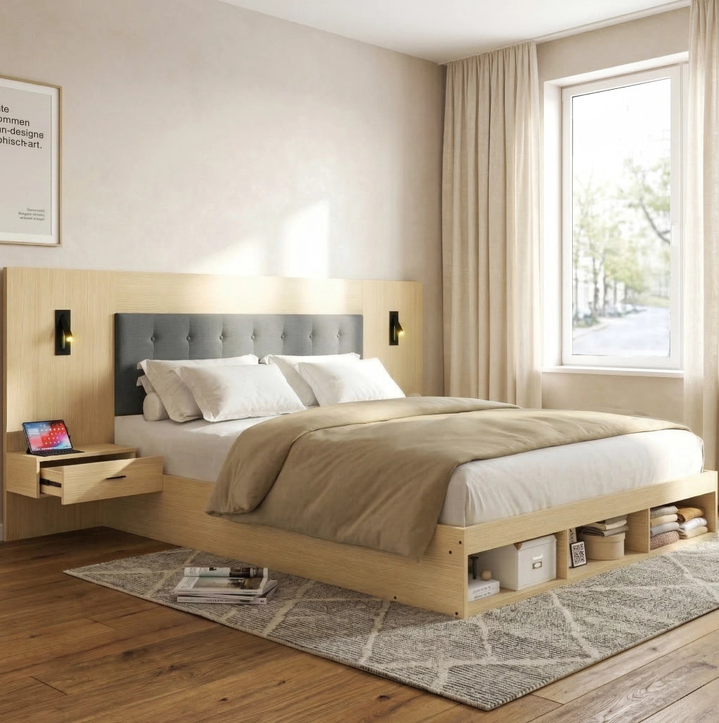 Letto matrimoniale 160x200 cm con comodini, luci orientabili e porte USB/Type-C