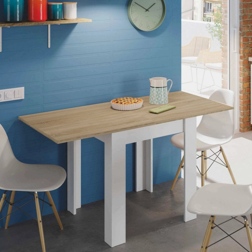 Tavolo allungabile Aratro, Tavolo da pranzo pieghevole apertura a libro, Tavolo ausiliario richiudibile, cm 67x67/135h79, Bianco e Rovere